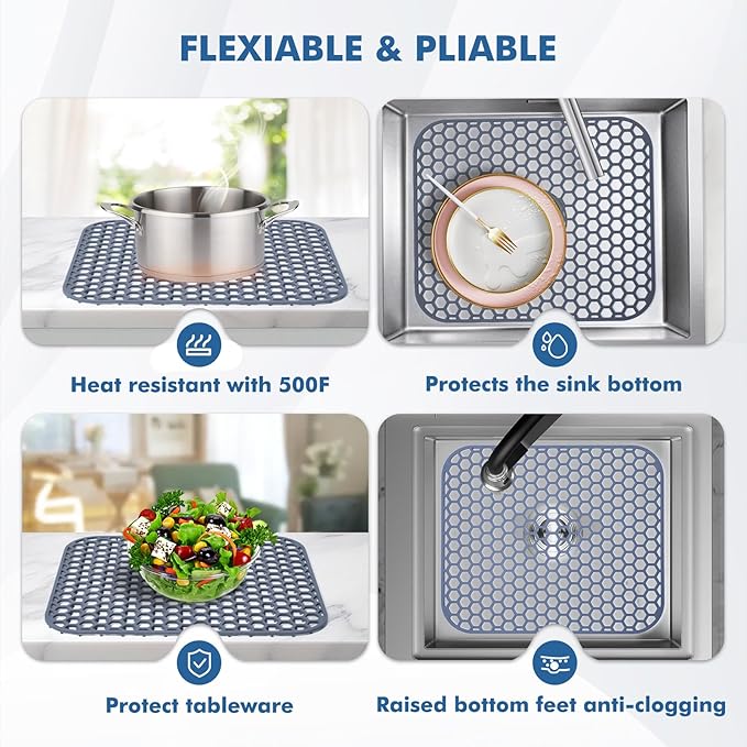Bestjing 2 Pack 13.7"x 11.7" Silicone Kitchen Sink Protector Mat - Kitchen Grid Accessory, Non-Slip Heat Resistant Sink Grid Dry Mat for Bottom of Porcelain Stainless Steel, Dishwasher Safe