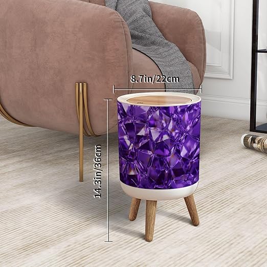 Trash Can with Lid Ultra Violet Crystal Diamond Amethyst Abstract Magic Shiny Dark Purple Press Top Round Small Garbage Bin with Wooden Legs Waste Basket for Kitchen Bedroom Nursery 7L/1.8 Gallon