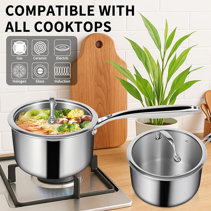 EWFEN 3 Ply Stainless Steel Saucepan with Lid, 2 Quart Multipurpose Cooking Pot, Stay-Cool Handle, Induction Oven Dishwasher Safe, 2 QT