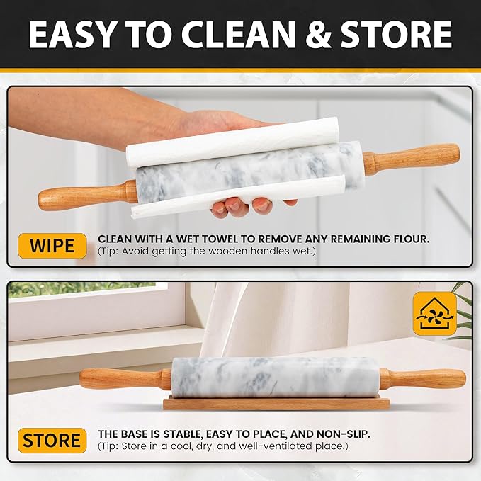 16.7 Inches Marble Rolling Pin for Baking with Wooden Handles & Wooden Cradle - Rolling Pin for making Pizza Dough & Tortillas, Dough Roller for Pasta, Cookie, Pie Crust and More!