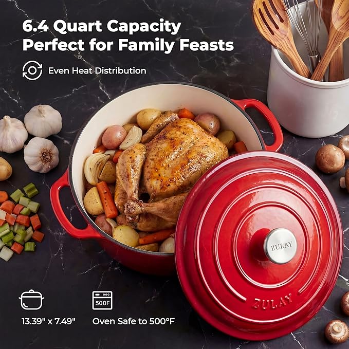 Zulay Kitchen 6.4 Quart Enameled Cast Iron Dutch Oven Pot with Lid – Premium Durability & Oven Safe up to 500°F – Heavy Duty Cookware Perfect for Bread Baking, Stews, Braising & Roasting - Ablaze Red
