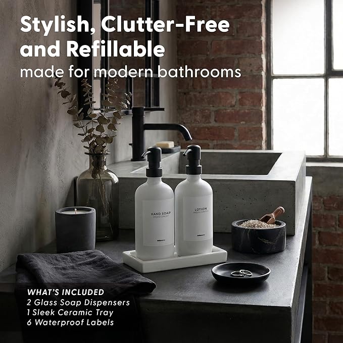 MaisoNovo Bathroom Soap Dispenser Set- Soap and Lotion Dispenser Set with White Soap Dispenser, Black Pumps & Ceramic Tray