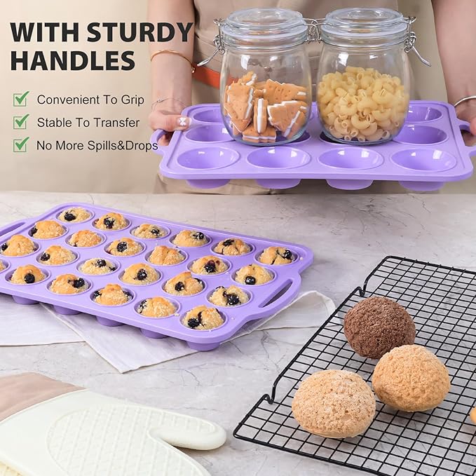 Mini Silicone Muffin Pan with Metal Frame, Non Stick Silicone Cupcake Pan with Handles 24 Cup, BPA Free Silicon Muffin Tin Tray Small for baking, egg bites, Cupcake Mold Purple