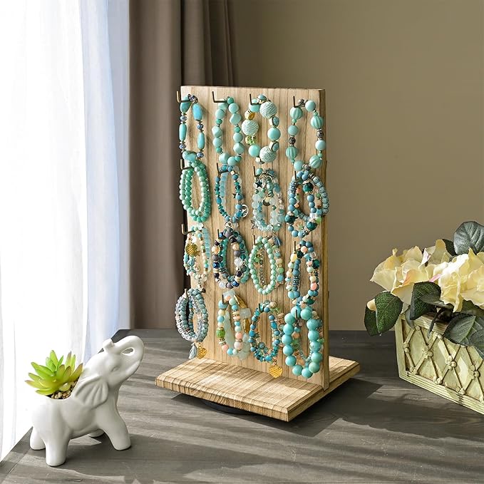 Ikee Design Wooden Rotating Two-Sided Jewelry Display Stand, Rotating Organizer with 32 Long Hooks for Store, Keychain Earring Display, Oak Color, 9.1W x 7.5 D x 17.1 H in