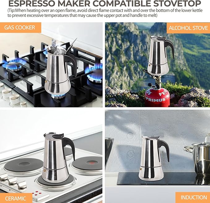 4 Cup 200ml Moka Pot Stainless Steel Espresso Coffee Maker Stovetop Coffeemaker Italian Classic Style Brewing Greca Cafe Mocha Machine for Cafeteras Lover Camping Travel and Home Use 6.6oz