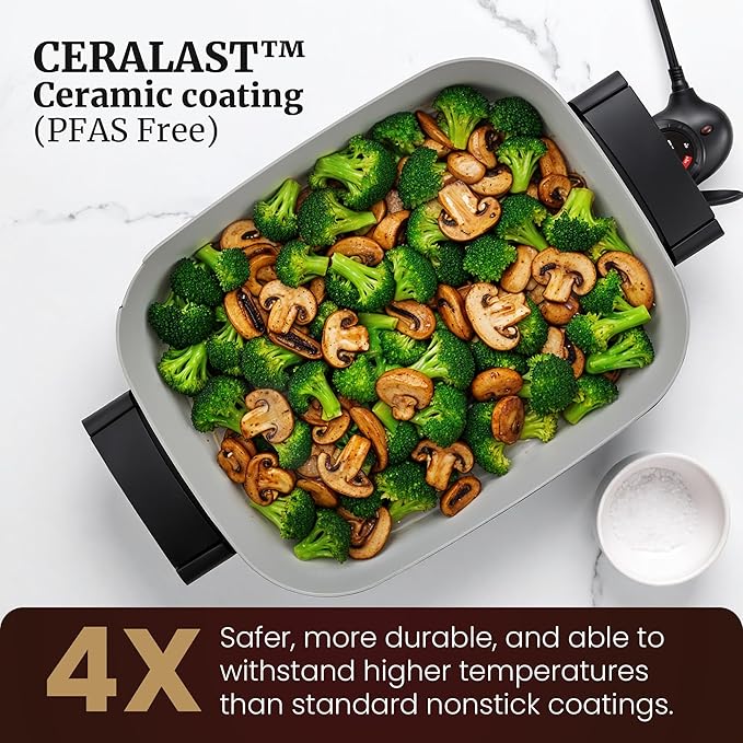 Elite Gourmet 15" x 12" x 3" Stow-Away Foldable Electric Skillet, Ceralast™ PFAS Free Ceramic, 1500W Rapid Heat, Dishwasher Safe Pan & Lid, Black/Grey