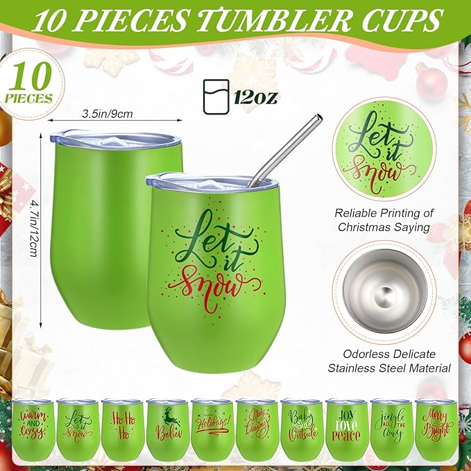 Uiifan 10 Pack Christmas Tumblers Gifts 12 Oz Xmas Funny Tumbler Christmas Stainless Steel Coffee Mugs Set Xmas Insulated Travel Cup with Straw Lid for Family Xmased Holiday Gift (Green)