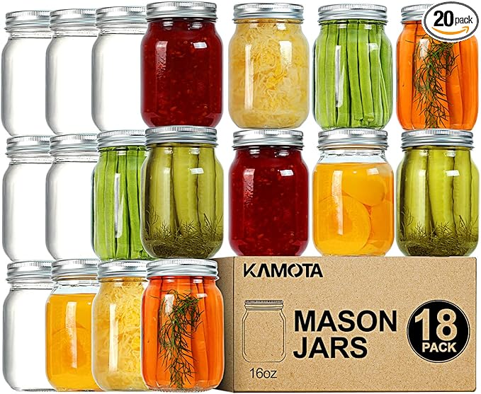 KAMOTA Mason Jars 16 oz With Regular Lids and Bands, Ideal for Jam, Honey, Wedding Favors, Shower Favors,DIY Spice Jars, 18 PACK, 20 Whiteboard Labels Included