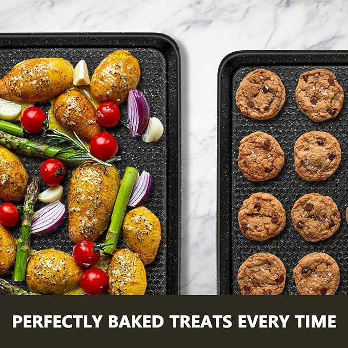 Wildone Baking Sheet Pan Set, Honeycomb Embossed Nonstick Baking Sheet 15x10 In, Thicker Carbon Steel Cookie Sheet, Even Heating Jelly Roll Pan, Black, 2 Pack