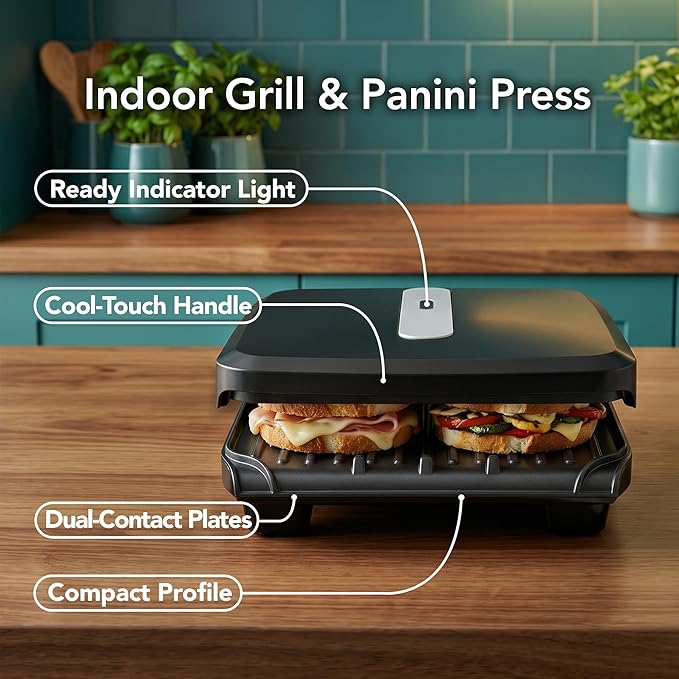 OVENTE 2-Serving Electric Indoor Grill & Panini Press with Easy Clean Non-Stick Plate Coating, Opens 180 Degrees, 8.15" x 7.4" Space Saving Design, 750W Contact Grill for Burgers & More, Black GP222B