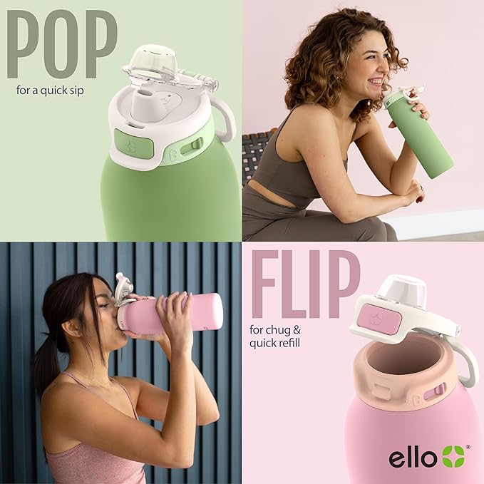 Ello Pop & Fill 22oz Stainless Steel Water Bottle with Quick Fill Technology, Double Walled and Vacuum Insulated Metal, Leak Proof Locking Lid, Sip and Chug, Reusable, BPA Free, Gloss Daisies