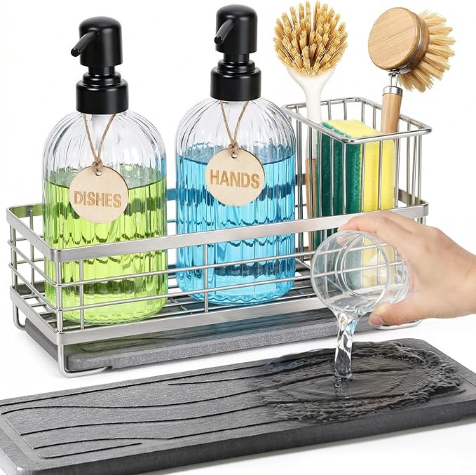 Shinowa Kitchen Dish Soap Dispenser Set, 14OZ Glass Bottle with Rustproof 304 Stainless Steel Sponge Holder and Instant Dry Tray, Hand and Dish Soap Dispenser Set for Kitchen Sink Organizer, Silver