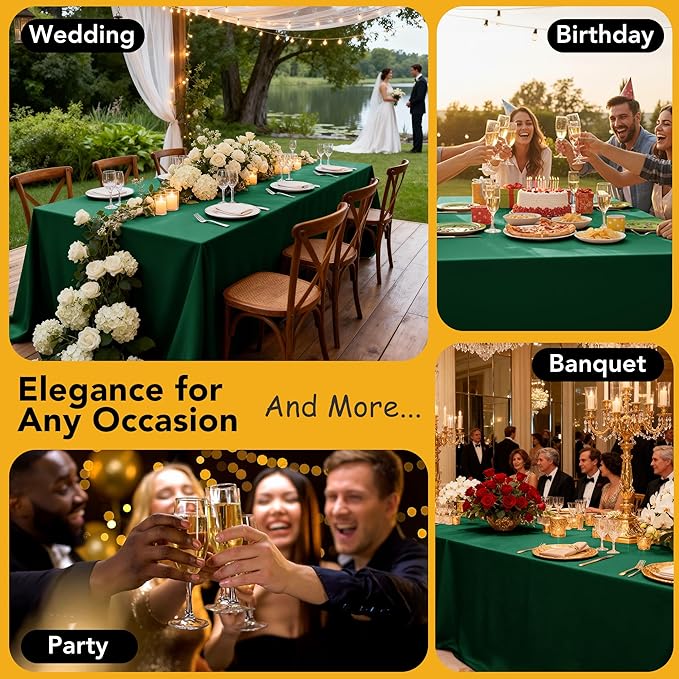 6-Pack Hunter Green Tablecloths for Rectangle Tables, 90 x 132 Inches, Stain-Resistant Polyester Fabric for 8 Foot Tables - Washable Table Covers for Weddings, Birthday Parties, Events