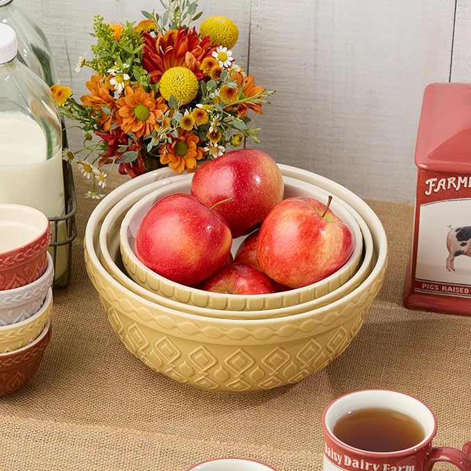 Vintage Farm Stoneware Mixing Bowl Set, 3-Piece, Includes 2 Qt, 3 Qt & 4.25 Qt Bowls, Embossed Patterns in Golden-Honey Finish, Durable & Nesting Design, Perfect for Mixing, Baking & Serving