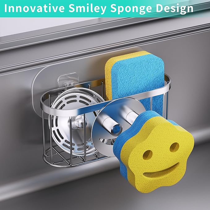 HapiRm Sink Caddy Sponge Holder - 2 Installation Ways Kitchen Sink Organizer with Smiley Face Sponge Holder, Stainless Steel Kitchen Caddy - Silver