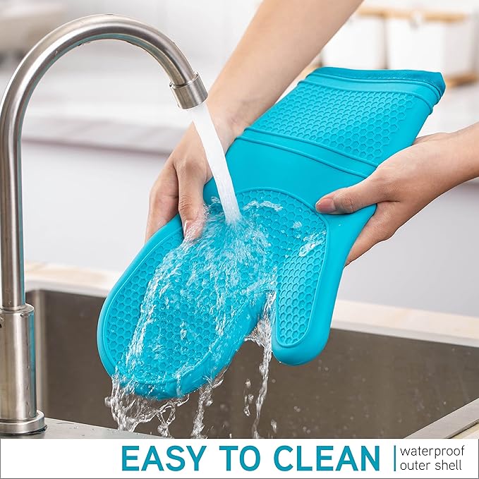 COOK WITH COLOR Silicone Oven Mitts- Heat Resistant Gloves with Soft Quilted Lining Oven Mitt Pot Holders for Cooking and BBQ, Teal, Mitt Set