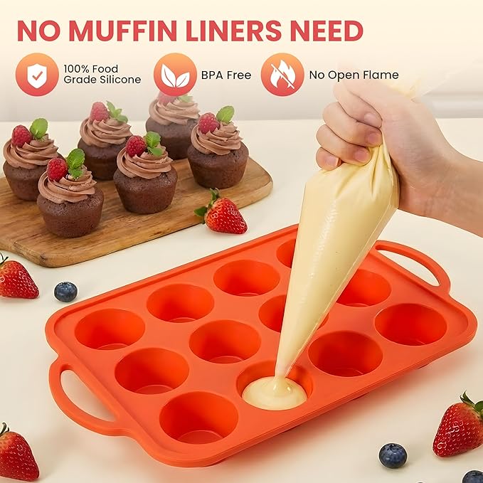2Pack Silicone Muffin Pan for Baking with Metal Reinforced Frame, 12 Cup Regular Size Cupcake Pan, BPA Free Silicone Muffin Tray, Cupcake Baking Pan Molds for Oven Dishwasher Safe - Orange