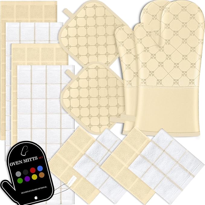 Oven Mitts Kitchen Towels Dishcloths with Pot Holders Sets 12PCS, Dish Towels Sets, Oven Gloves Pot Pads Heat Resistant 500 Degrees with Non-Slip Silicone Surface for Cooking Baking Grilling-Beige