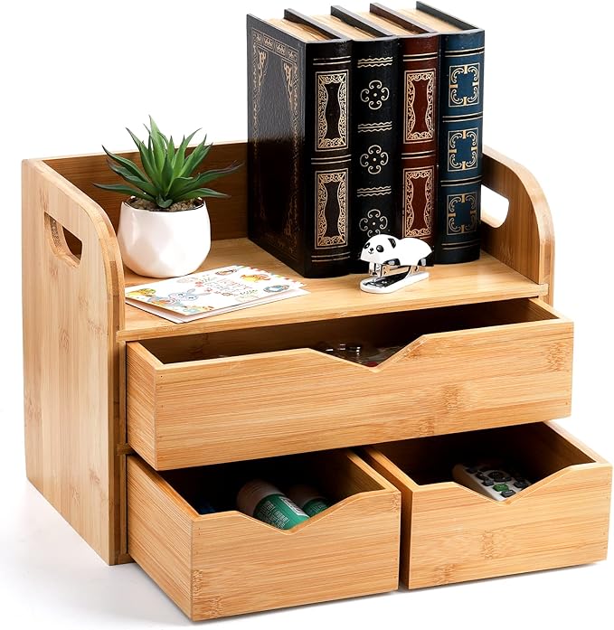 Hacaroa 3 Tier Bamboo Desktop Organizer with 3 Drawers, Tabletop Craft Box Cosmetic Storage Drawer with Handle, Portable Desk Letter Mail Sorter for Office Supply, Toiletries