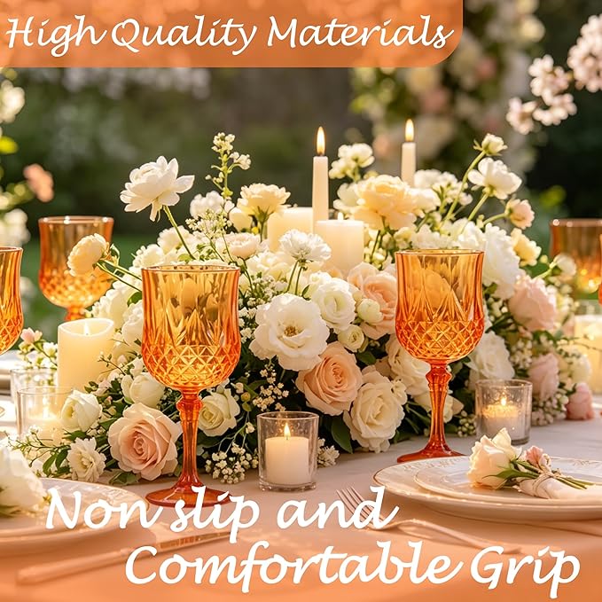 Plastic Wine Glasses, Plastic Goblets Vintage Style Cordial Unbreakable Drinking Glasses, Reusable Drinkware for Wedding Reception, Grand Event Party Supplies (24, Pumpkin orange)