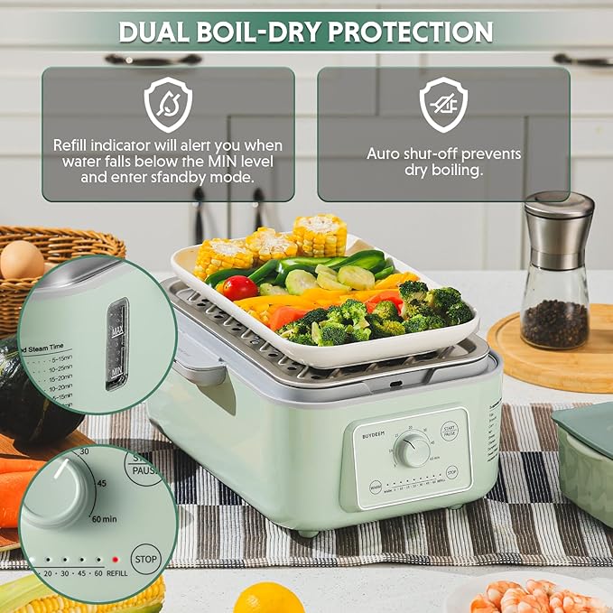 BUYDEEM G52 5.3 Quart Electric Food Steamer for 2-4 Servings, Vegetable Steamer for Cooking, 2-hour Keep Warm, 7 Preset Timings, Dual Boil-Dry Protection, Stainless Steel, Cozy Greenish