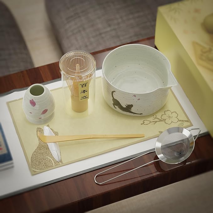 Complete 8-Piece Matcha Set – Japanese Matcha Tea Ceremony Kit with Cat Print Bowl, Bamboo Accessories & Premium matcha tools for Home Tea Rituals, Mindful Gift for Matcha Lovers