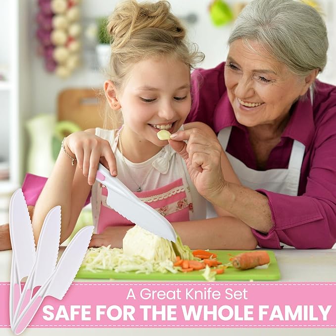 Zulay 3-Piece Kids Knife Set for Real Cooking & Baking - Toddler Knives for Cutting Fruits, Veggies, & Cake - Children’s Montessori Knife with Serrated Edges - Safe & Fun Lettuce Knife (Pink)