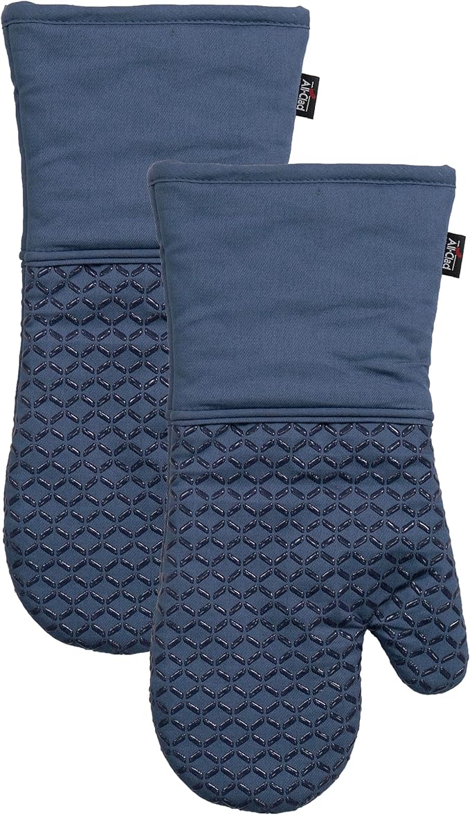 All-Clad Premium Ogee Silicone Printed Oven Mitt: Heat Resistant to 500 Degrees - 100% Cotton and Silicone, 14"x7" Oven Mitt for Kitchen and Barbeque, 2-Pack, Indigo
