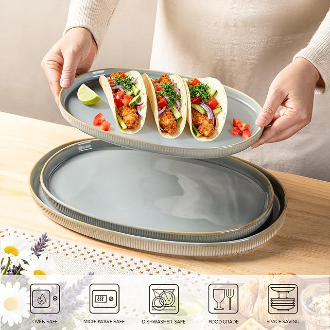 theterra Ceramic Serving Platter, 15.6"/14.4"/12.2" Oval Serving Dishes for Entertaining, Oven Safe, Microwave Safe, Serving Plates Set of 3 for Wedding, Party, Turkey, Desert Sage