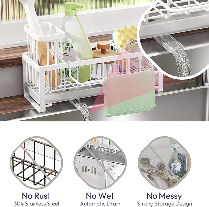 SWTYMIKI Sponge Holder for Kitchen Sink - Sink Caddy with Brush Holder Self-draining Sponge Caddy Organizer with Divider Stainless Steel Kitchen Accessories Storage for Countertop, White