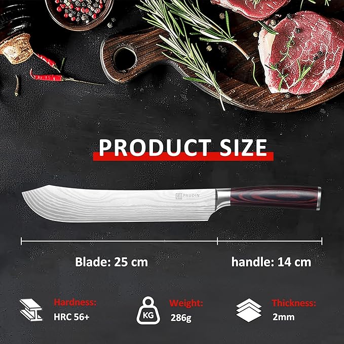 PAUDIN Butcher Knife, 10″ Bullnose Brisket Knife,Forged High Carbon German Steel, Ultra Sharp Edge for Meat Cutting, Ergonomic Handle Design