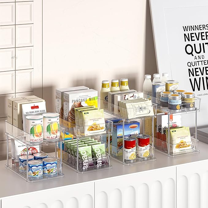 Delamu 2 Tier Snap-Lock Bathroom Under Sink Organizers and Storage, Multi-Purpose Cabinet Drawers with Movable Dividers, Pull Out Organization for Countertop, Kitchen and Pantry(Clear, 4 Pack)