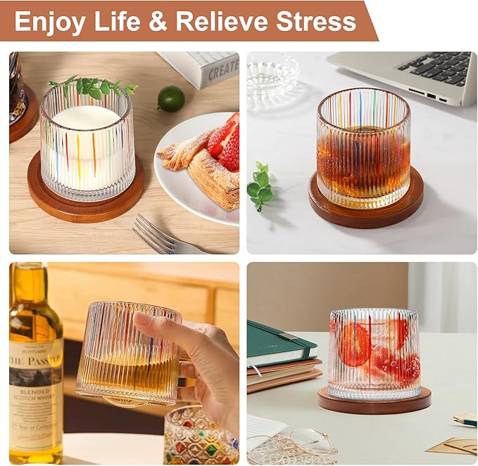 Rotatable Old Fashioned Glass Cup, 275ml/10oz Crystal Whiskey Glass Set of 2, Wood Coaster, Thickening, Used as Rum Glass Cup, Cocktail, Coffee, Milk to Relax and Reduce Stress, Christmas gifts