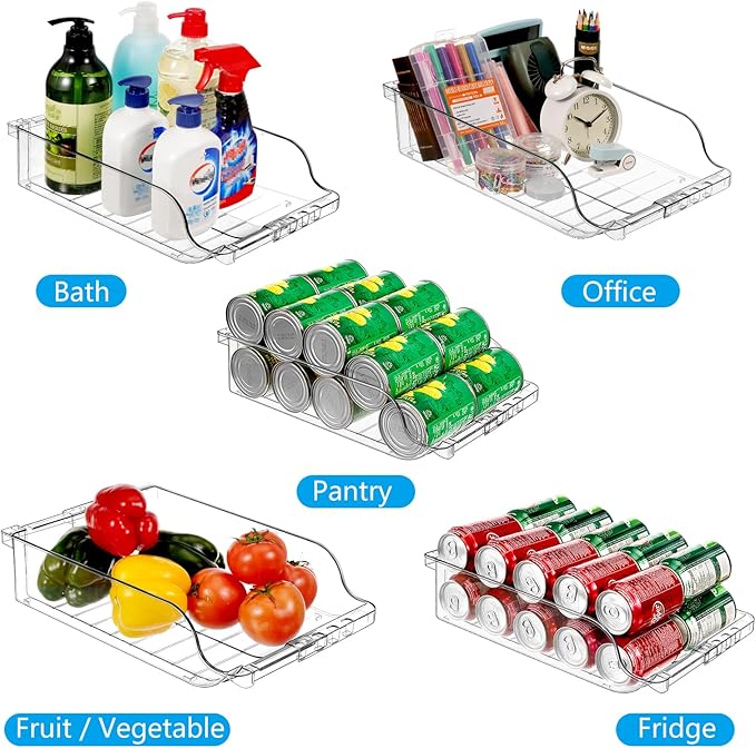 4 Packs Refrigerator Organizers and Storage Width Adjustable Can Organizer for Refrigerator Expandable Soda Can Dispenser for Beer Soda Pop Can Soda Organizer for Fridge Kitchen Pantry Clear