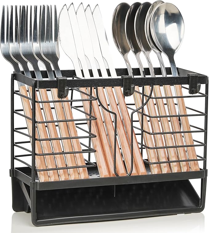 Utensil Holder, Stainless Steel Utensil Drying Rack with 3 Compartments and Automatic Drain Tray for Kitchen Counter, Silverware Cutlery Flatware Holder Forks, Knives, Spoons, Chopsticks Organizer