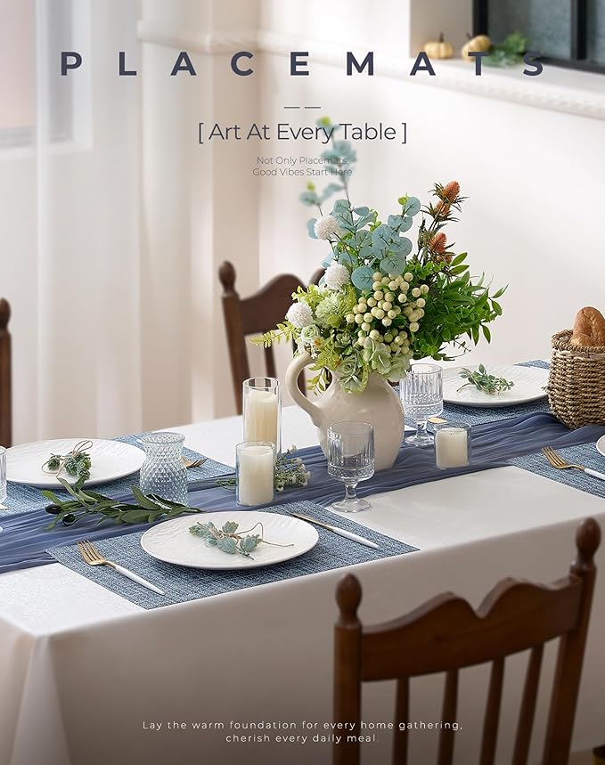 Leetaltree Deep Navy Woven Placemats Set of 8 - Heat Resistant Non-Slip Place mats for Dining Table, Washable Durable PVC Vinyl Woven Table Mats(Deep Navy, 8)