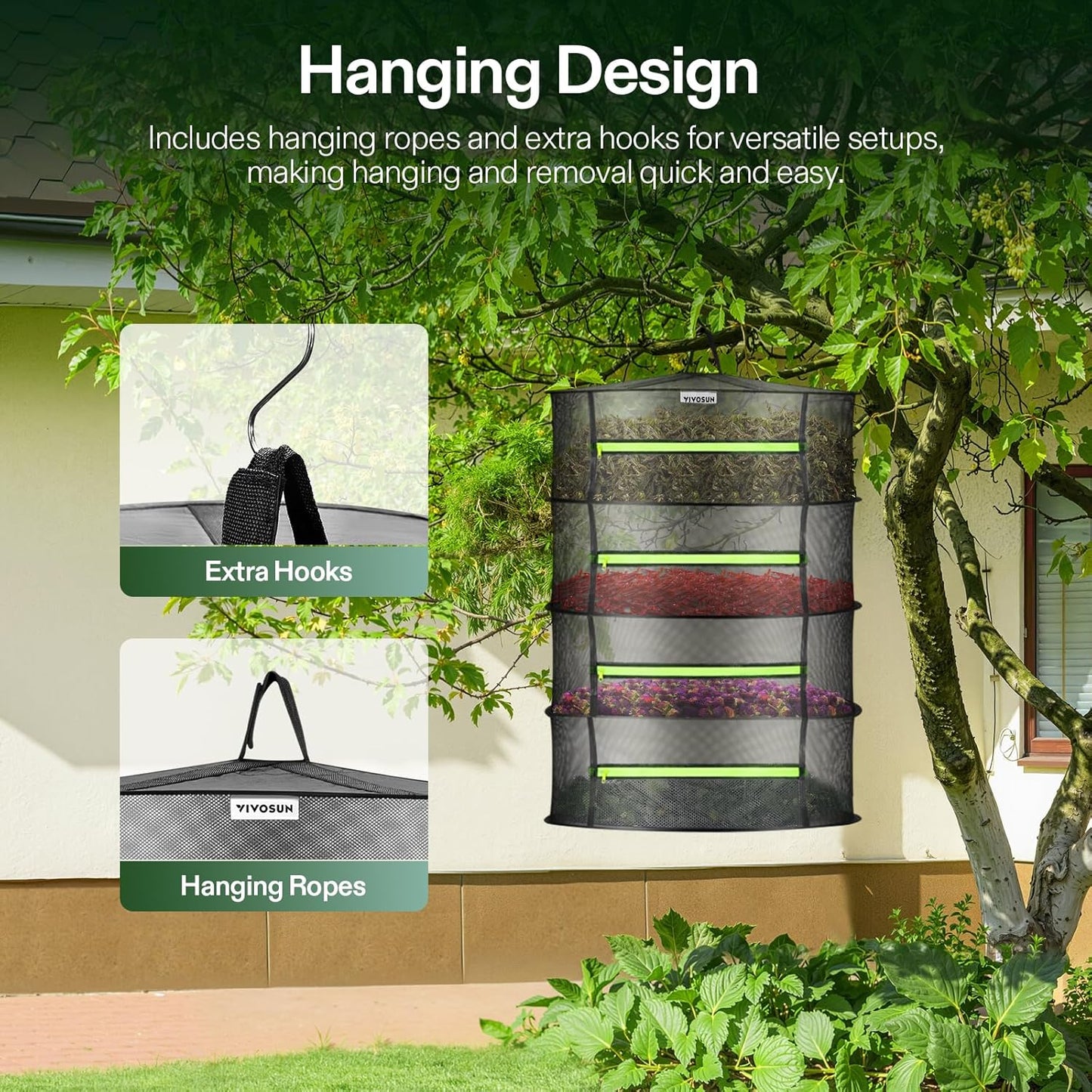 VIVOSUN 2-Pack 4-Layer Mesh Drying Rack Hanging Design with Green Zippers for Dehydrating, Indoor and Outdoor (Pruning Shears Included)