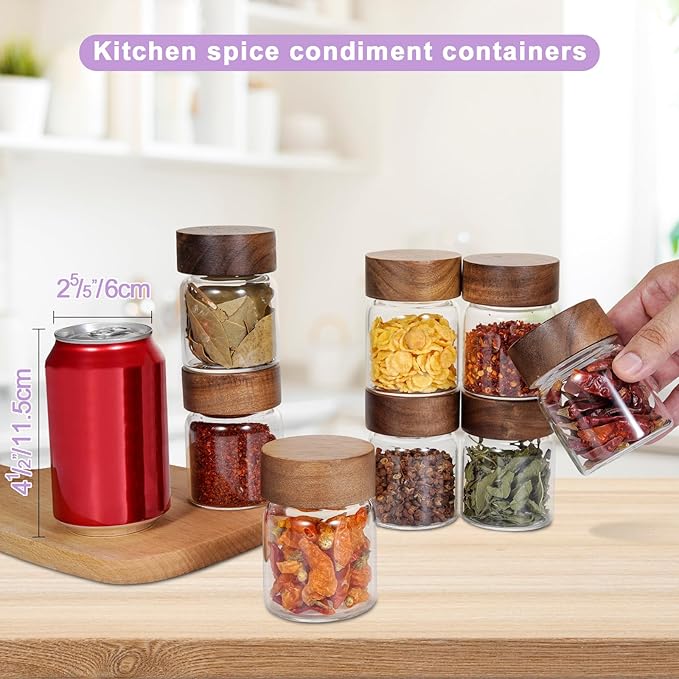 4 oz Glass Spice Mason Jars with Screw Wood Lid 8 pcs Airtight Small Glass Jars Seasoning Herb Containers Food Storage Canister for Sugar Coffee Bean Ground Pantry Cookies Salt (4oz(118ml)*8 pack)