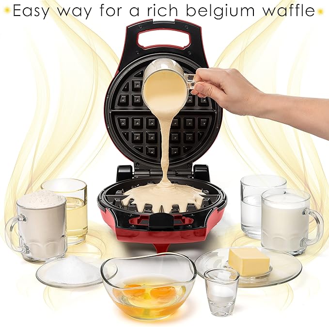 Moss & Stone Belgian Waffle Maker, Electric Flip Waffle Machine with Adjustable Temperature Control, Non-Stick Grids for Smooth Release, Compact 8-Inch Round Waffle Maker, Red