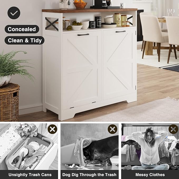 Befrases Tilt Out Trash Can Cabinet for 13 * 1 Gallon Trash Can, Farmhouse Kitchen Island Cabinet with Adjustable Shelf for Hidden Laundry Basket, Dog Proof Garbage Can for Dining Living Room, White