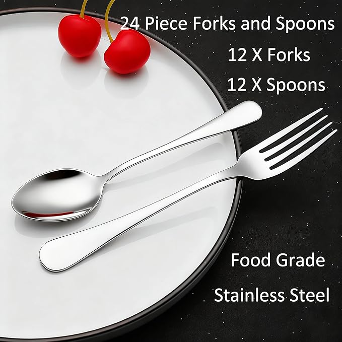 24 Piece Forks and Spoons Silverware Set for 12, Stainless Steel Dinner Forks and Spoons Silverware Set, Heavy-Duty Cutlery Set, Dishwasher Safe (Silver)