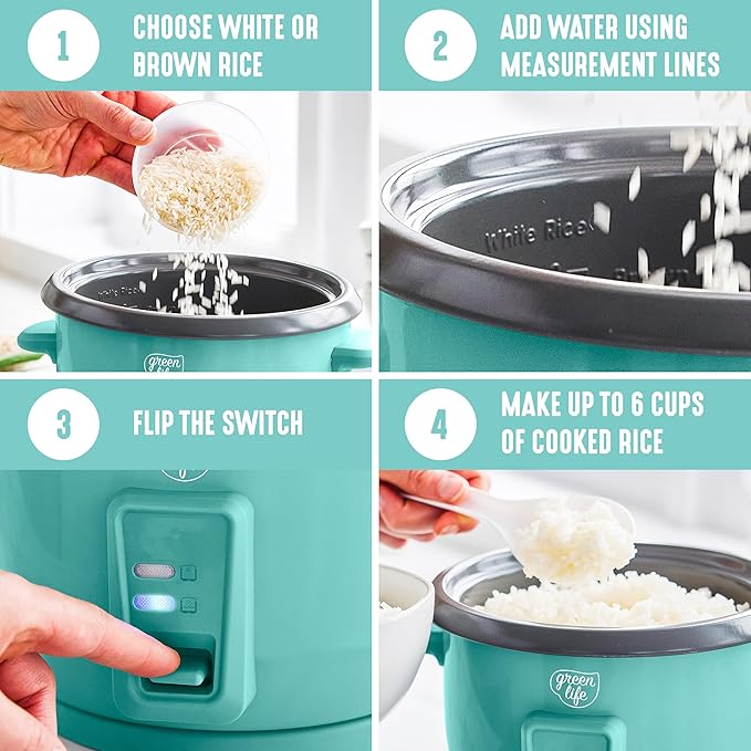 GreenLife Rice Cooker with Removable PFAS-Free Ceramic Nonstick Pot, 3-Cups Uncooked/6-Cups Cooked, Grains & Oatmeal Multicooker, Compact One-Switch Design, Auto Keep Warm, Easy Clean, Turquoise