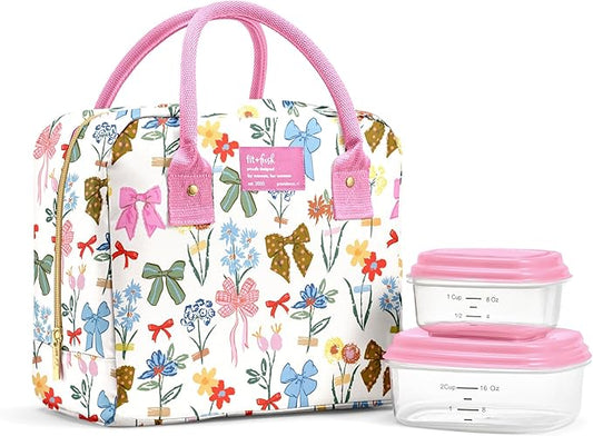 Fit & Fresh Bloomington Lunch Bag for Women - Insulated Large Lunch Box for Work with Containers, Leak-Resistant, Stain-Resistant, Zipper Closure, Color Bows & Flowers