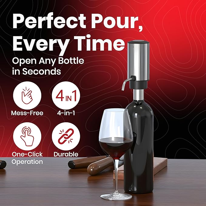 4-in-1 Rechargeable Electric Wine Opener Set with Aerator, Vacuum Stopper & Foil Cutter – Stainless Steel Portable Wine Bottle Opener Kit for Home Bar & Gifting