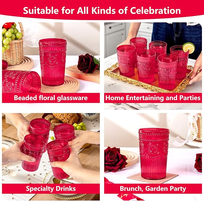 Ciaell 12 Pack Romantic Plastic Water Glasses - 14 Oz Red Vintage Drinking Glasses, Embossed Ribbed Plastic Cups, Textured Striped Set for Juice, Beverages, Beer, Cocktail & Mother's Day