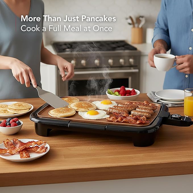 OVENTE Electric Griddle with 16 x 10 Inch Flat Non-Stick Cooking Surface, Removable and Adjustable Temperature Control, Indoor Grill for Instant Breakfast, Pancakes, Eggs or Burgers, Copper GD1610CO