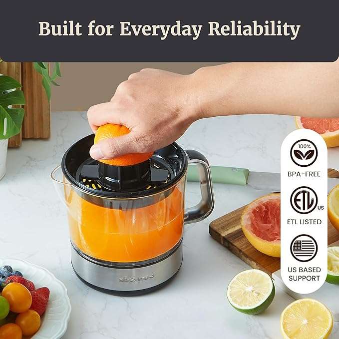 Elite Gourmet ETS623 BPA-Free 40-Watt Electric Citrus Juicer, Compact, Large Volume, Pulp Control, Oranges, Lemons, Limes, Grapefruits with Easy Pour Spout, 24oz, Black/Stainless Steel