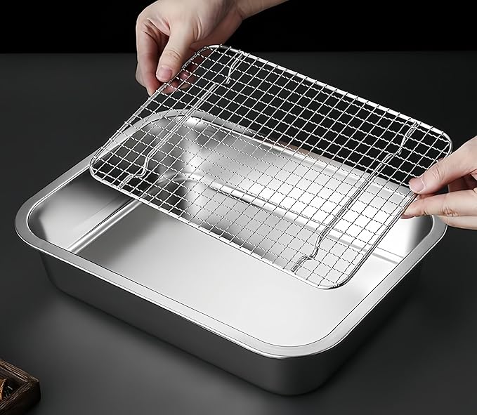 Stainless Steel Sturdy Roasting Pan with Cooling Rack – Oven, Toaster & Grill Safe, Deep Edge, Smooth Finish, Dishwasher Safe – Perfect for Turkey, Chicken, BBQ (14x10.4x2.8in)
