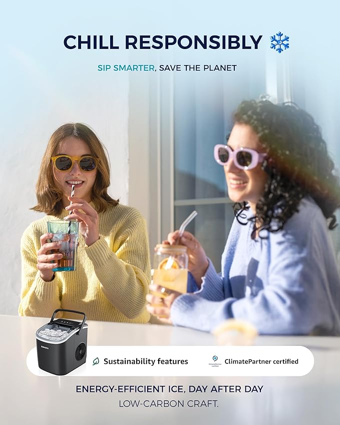 EUHOMY Countertop Ice Maker Machine with Handle, 26.4lbs in 24Hrs, 9 Ice Cubes Ready in 6 Mins, Self-Cleaning Portable Ice Maker with Basket and Scoop, for Home/Kitchen/Camping/RV. (Black)