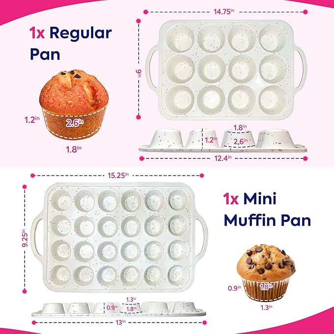 RICCLE 2 Pack Silicone Muffin Pans for Baking with Metal Reinforced Frame - Regular 12 Cup Silicone Muffin Pan & 24 Cup Mini Cupcake Pans - Silicone Cupcake Pan Set - Oven & Dishwasher Safe, BPA-Free